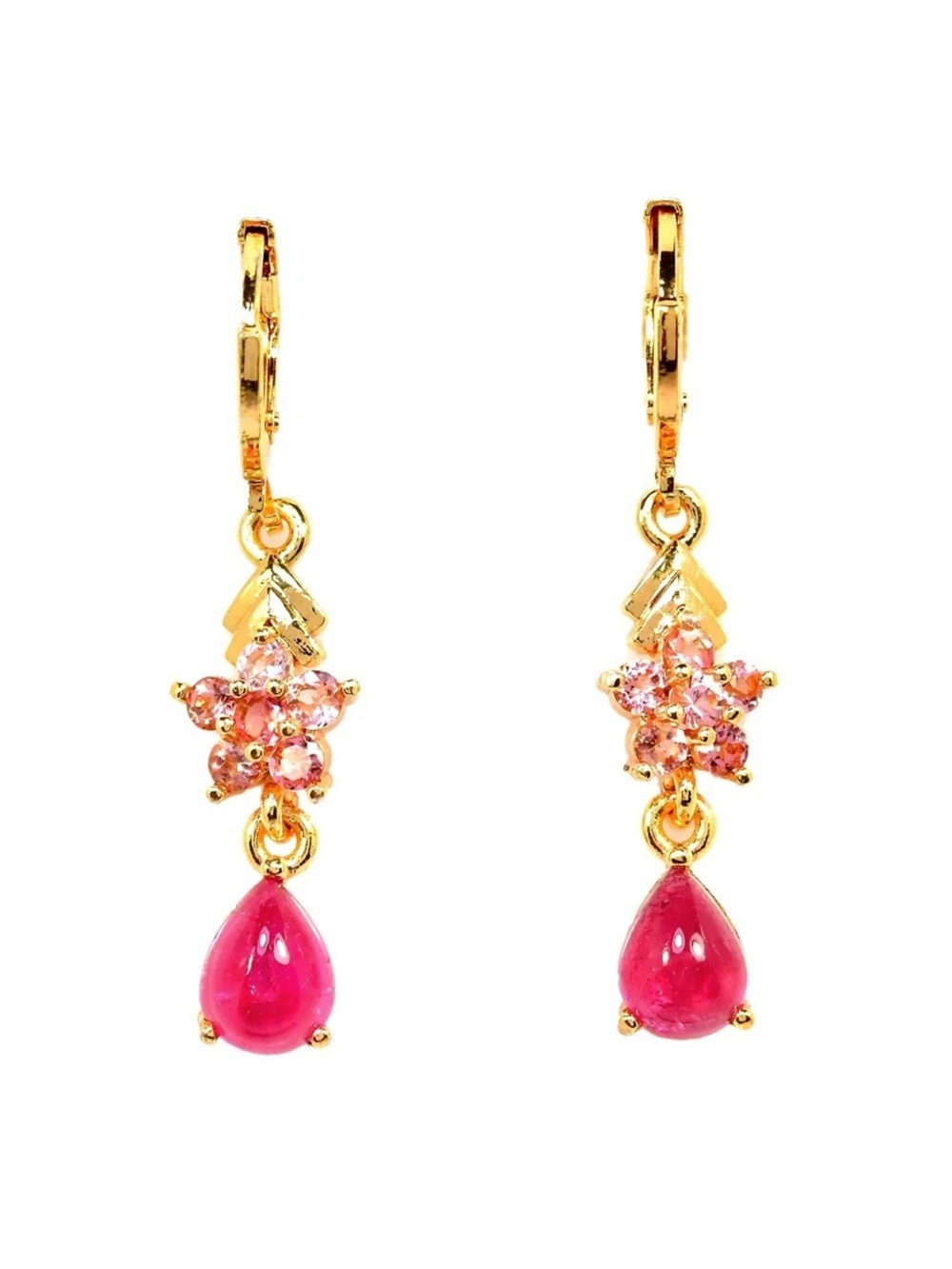 Genuine Pink Tourmaline teardrop and round cut Dangle Earrings 14K yellow Gold